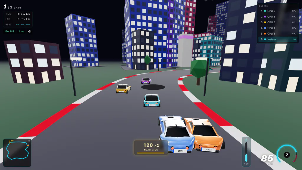 A black oil slick on the racing line between two rival cars, just ahead of the player car.