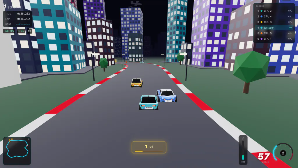 A race in progress on a neon Tokyo street circuit: the player's car chasing a pack of rivals through a bend, with the lap timer, live racer order, minimap, nitro gauge and speedometer around the edge of the screen.